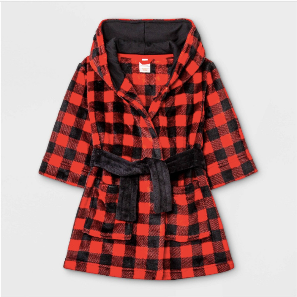 NEW Cat & Jack Toddler Hooded Buffalo Check Robe Red Black Size 2T/3T UNISEX